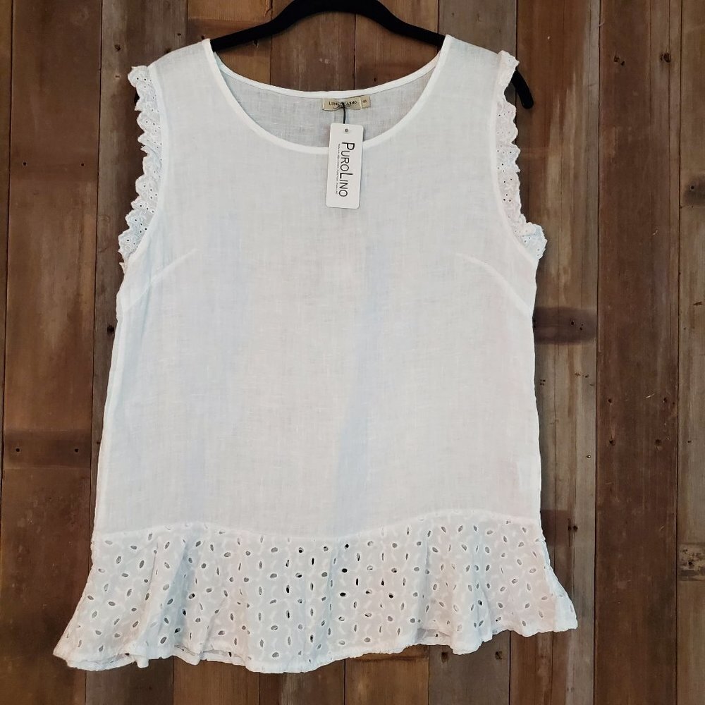 NWT Lungo L'arno Italy Linen eyelet Lace trim Sleeveless Top‎ Lightweight Sz S